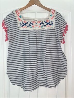 THML Navy & White Striped Square-Neck Top with Pink Tassel Trim size Large